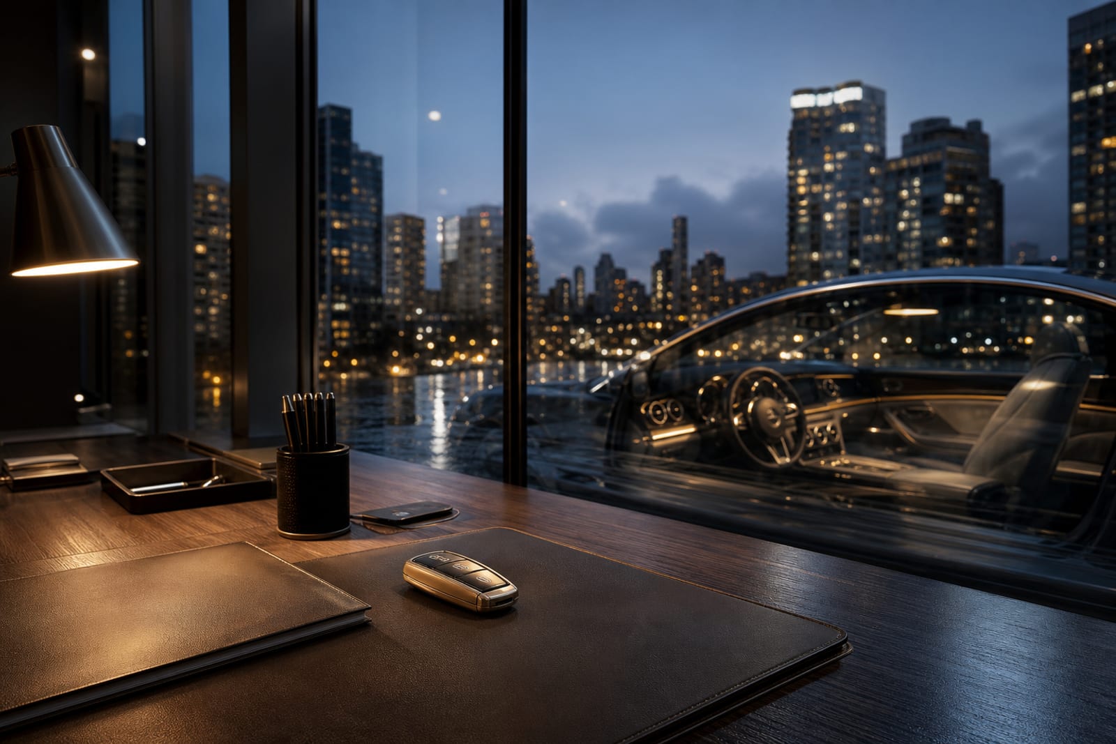 Champagne car key on a dark desk overlooking the Vancouver skyline at dusk