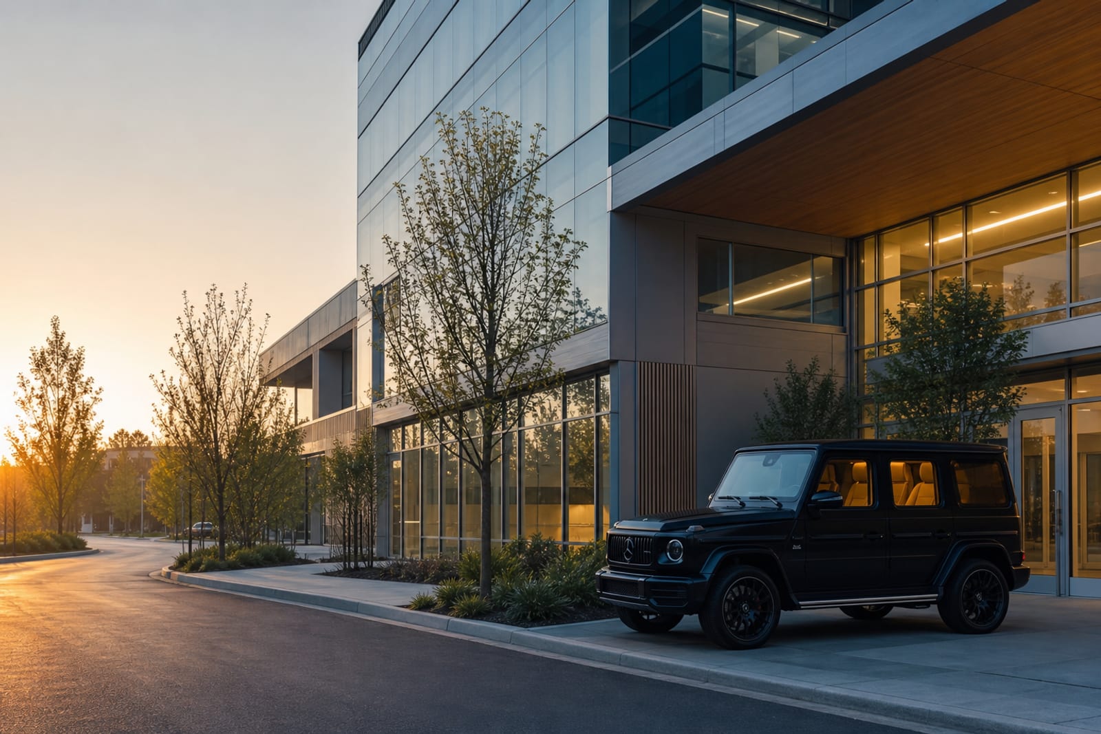 Black Mercedes-Benz G-Class at a Vancouver medical clinic at dawn