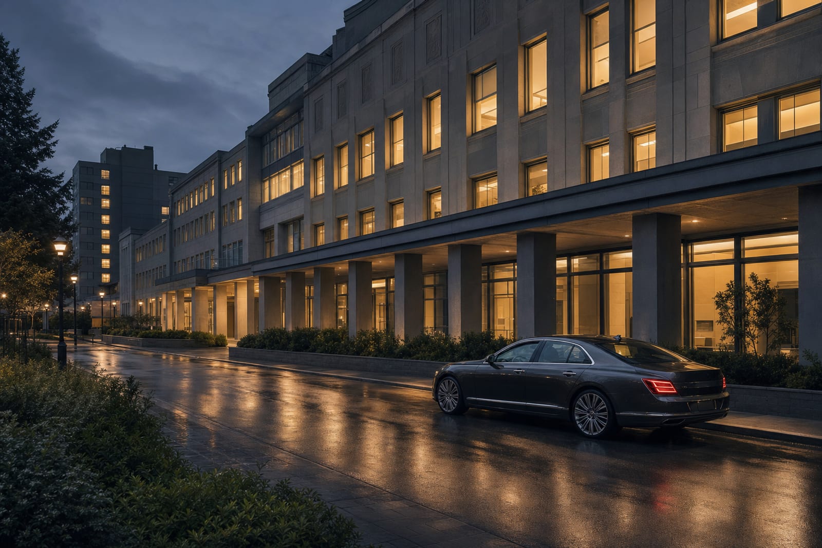 Graphite executive sedan beside a Vancouver medical campus at dusk
