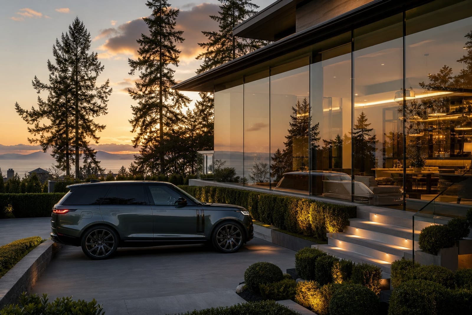 Luxury SUV mirrored in a modern Vancouver listing window at golden hour
