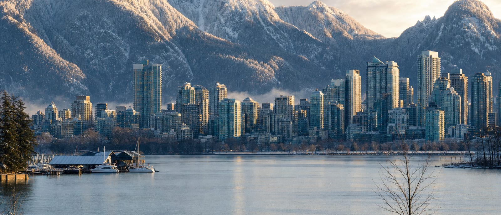 Vancouver winter skyline with snow-dusted North Shore mountains across the harbour