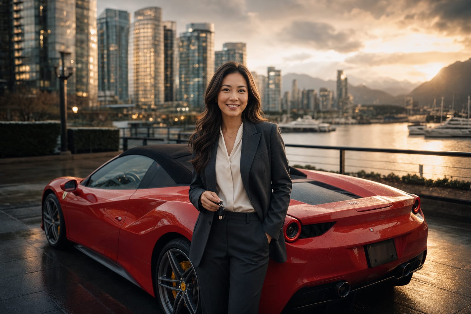 Happy professional receiving keys to a luxury car from RoLux Club delivery in Vancouver