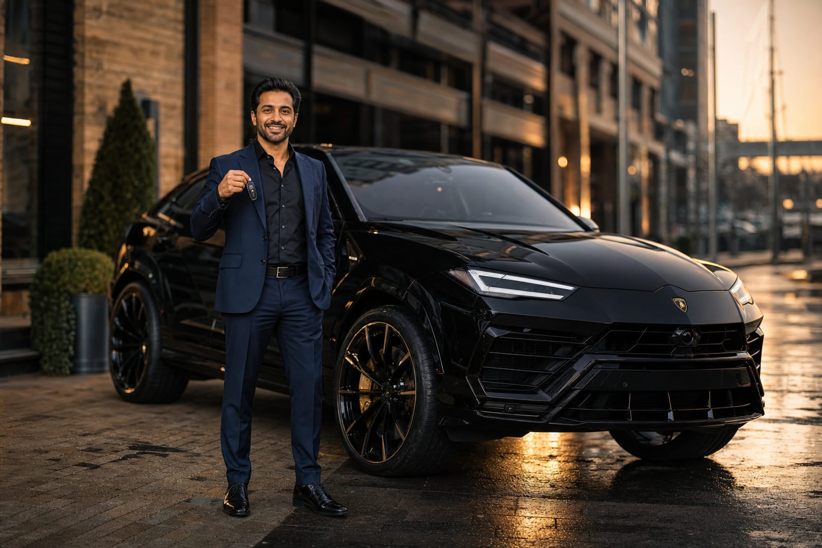 Smiling member beside a luxury vehicle at a RoLux Club white-glove delivery