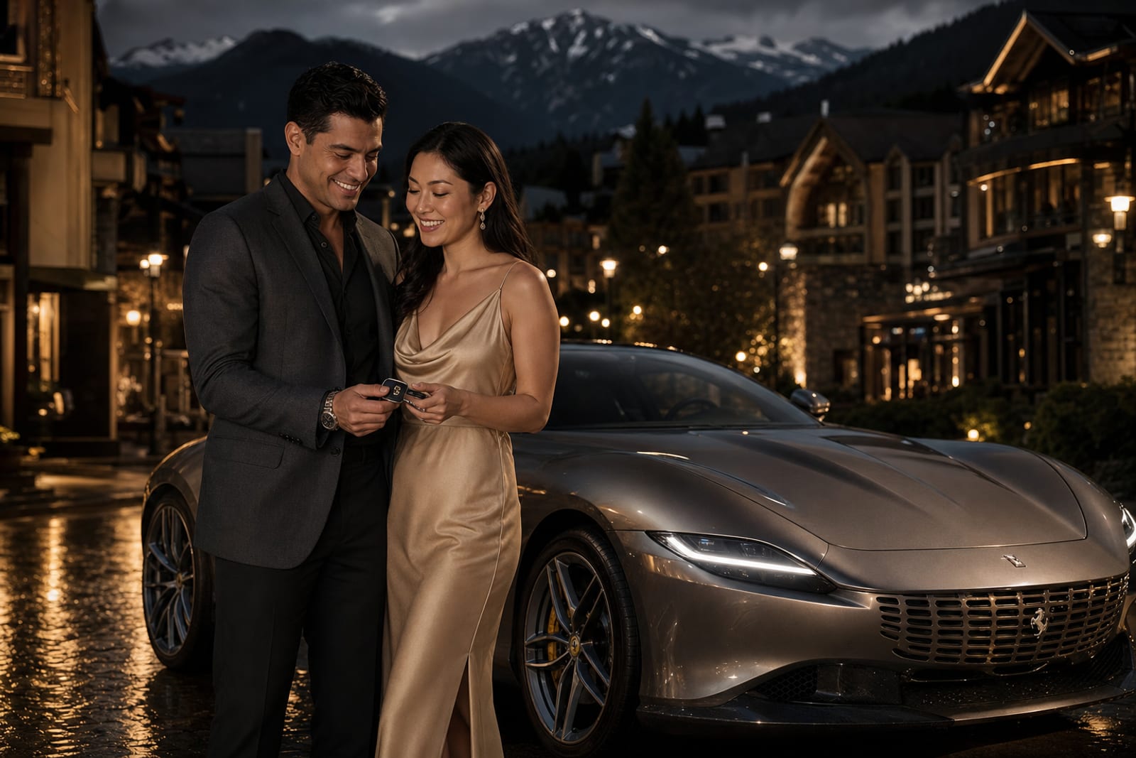 Happy member accepting RoLux Club keys next to a luxury sedan at dusk