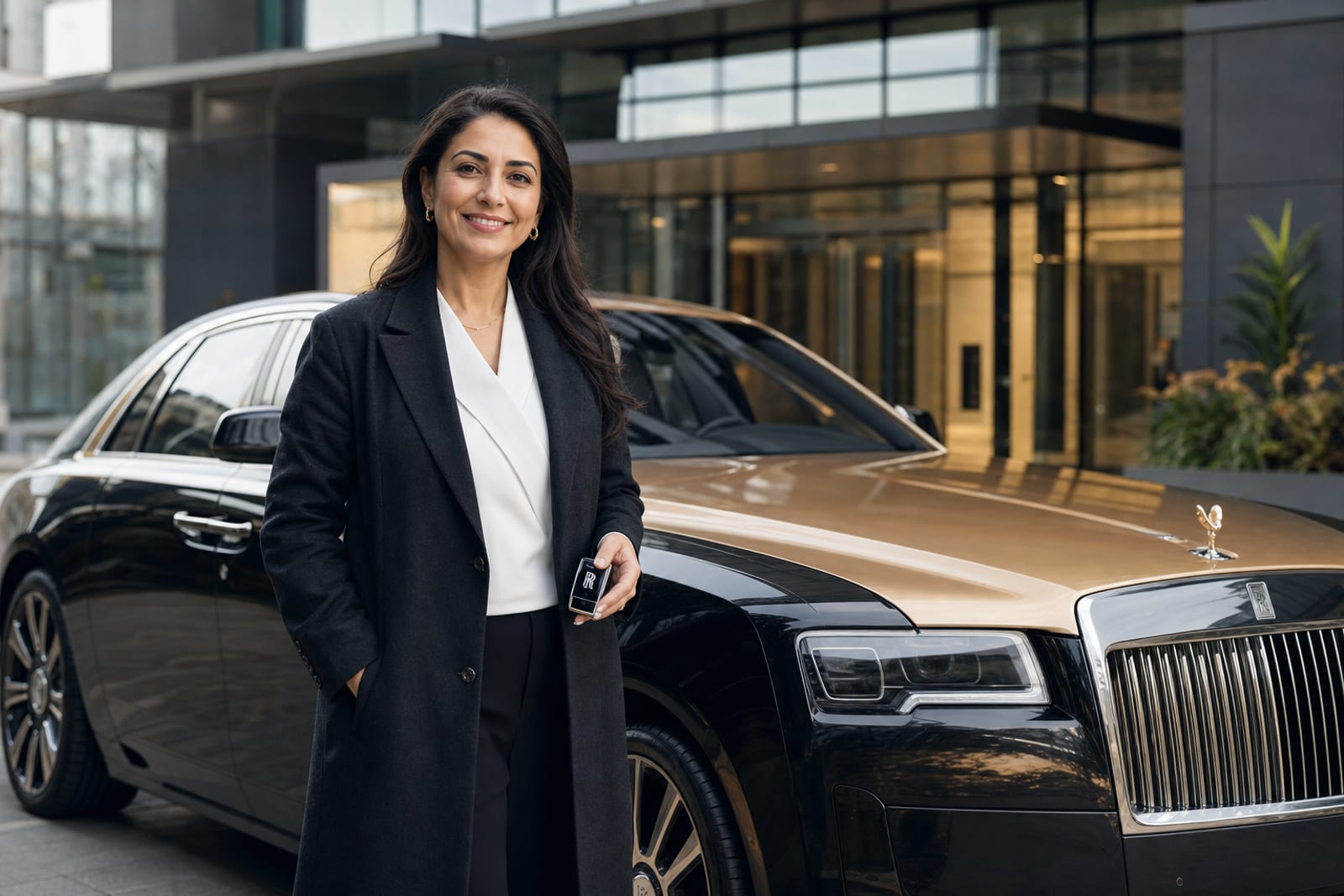 Club member smiling as a luxury car is delivered curb-side in Vancouver