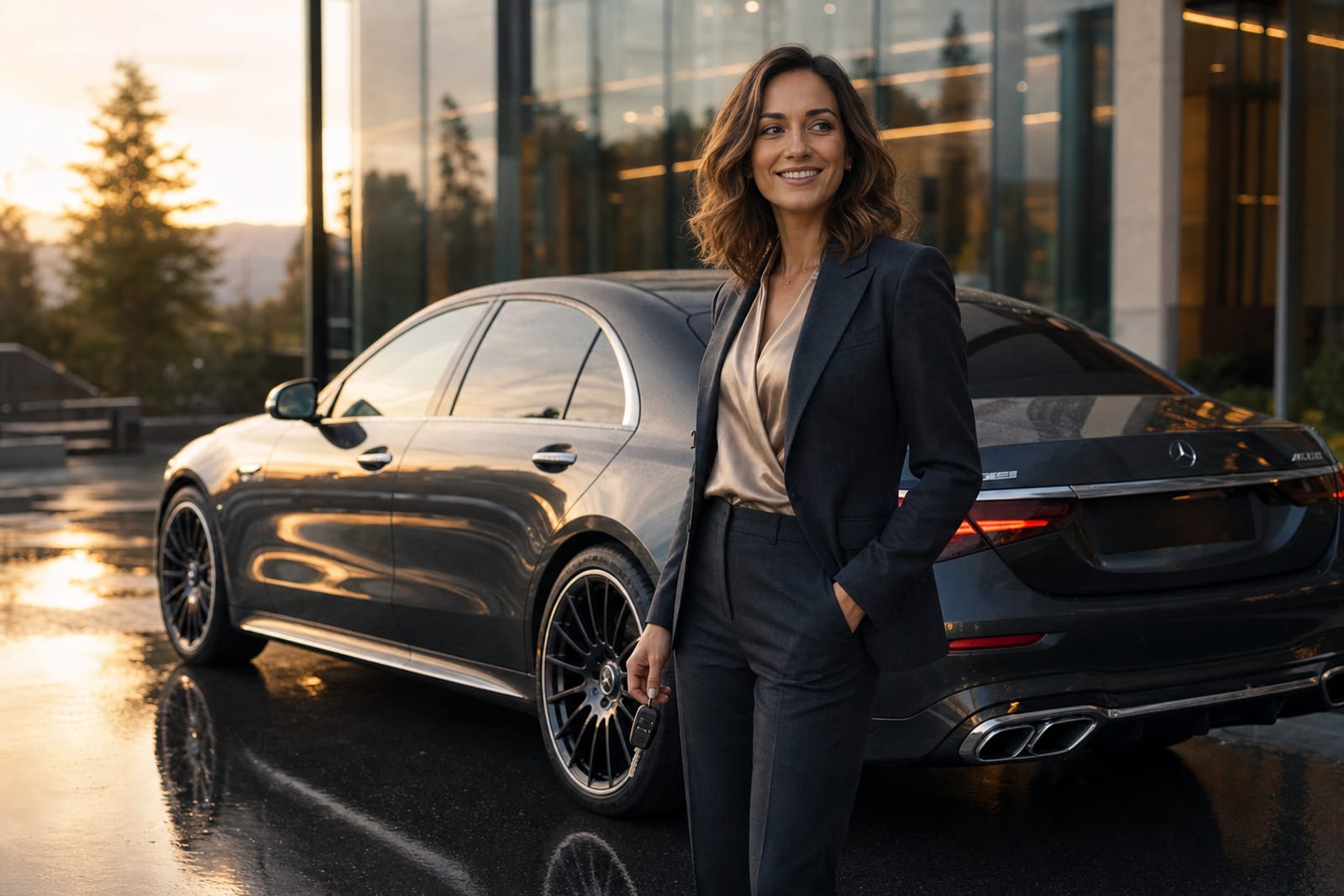 Happy professional receiving keys to a luxury car from RoLux Club delivery in Vancouver