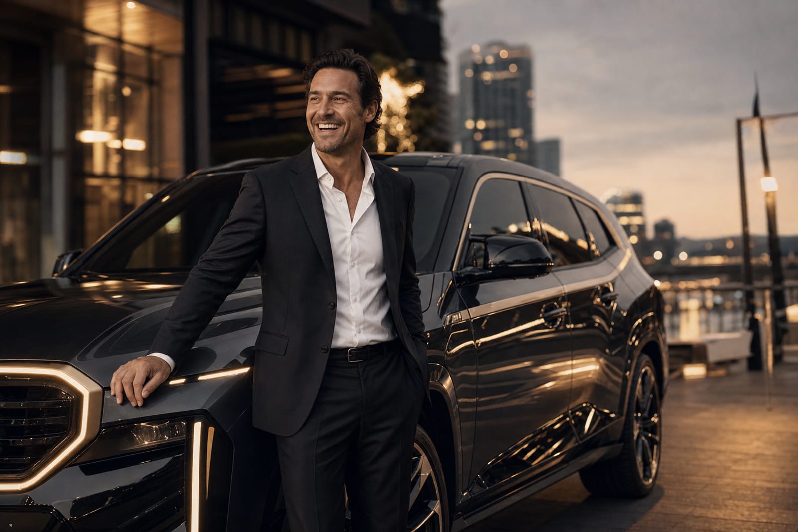 Smiling member beside a luxury vehicle at a RoLux Club white-glove delivery