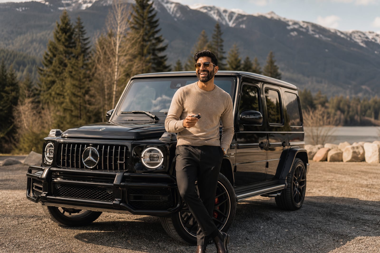 Professional celebrating club car delivery with a luxury SUV in Vancouver