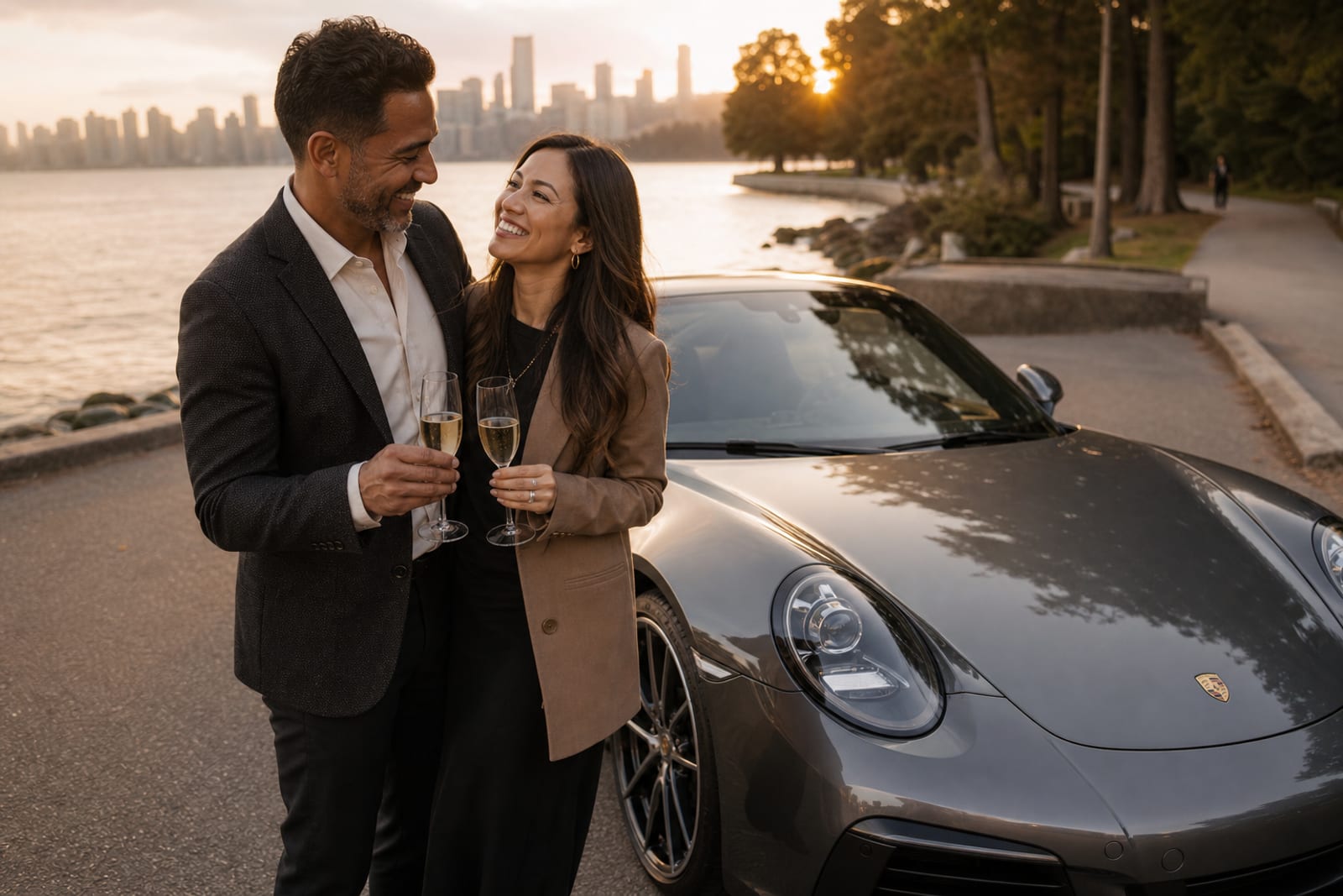 Happy member accepting RoLux Club keys next to a luxury sedan at dusk