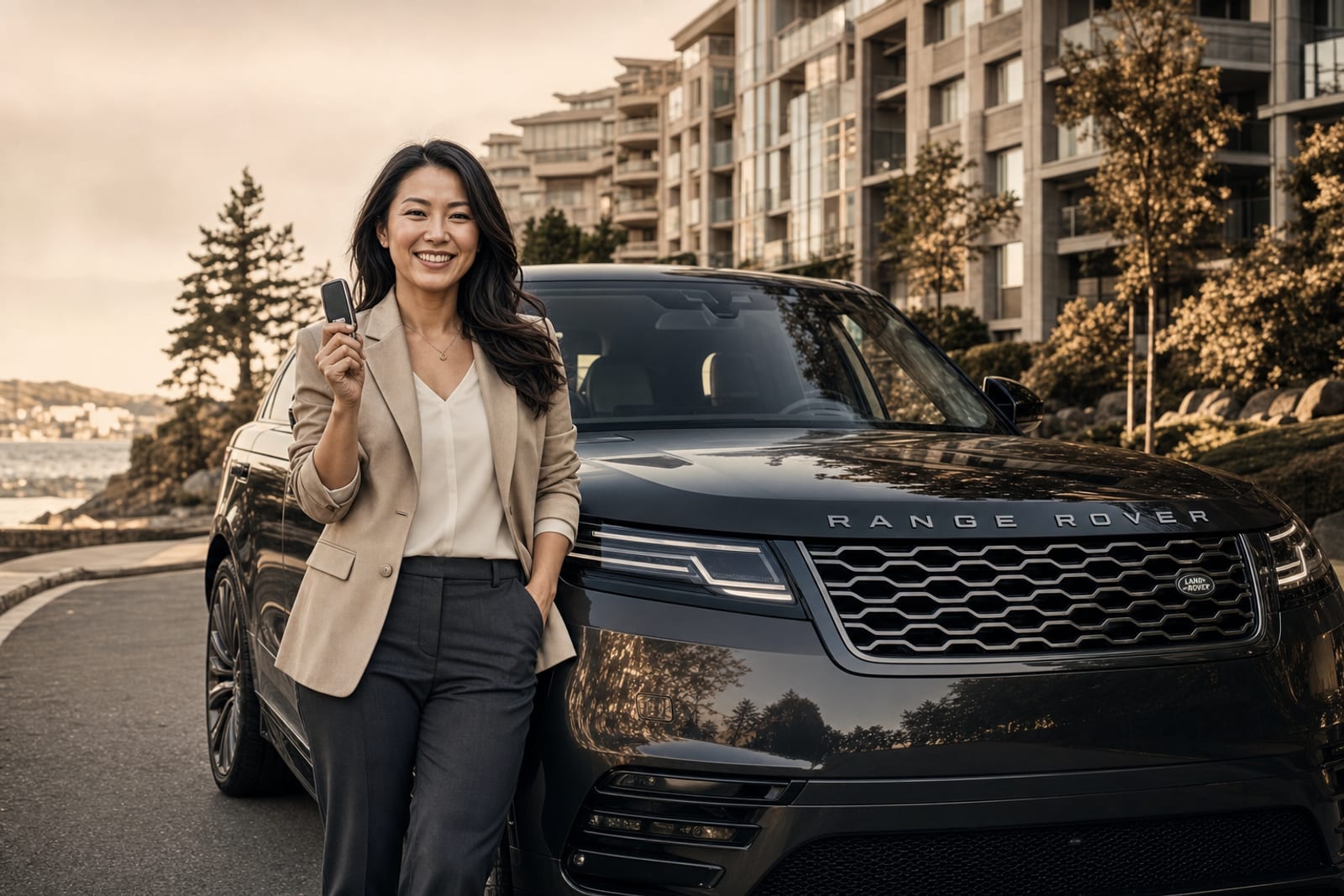 Club member smiling as a luxury car is delivered curb-side in Vancouver
