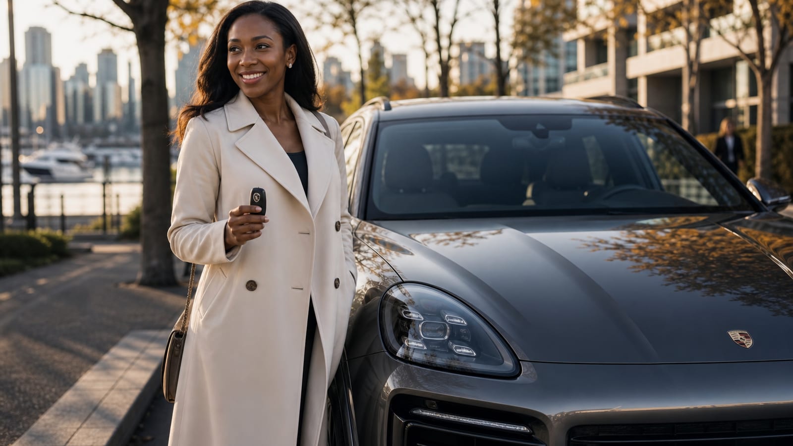 Smiling member beside a luxury vehicle at a RoLux Club white-glove delivery