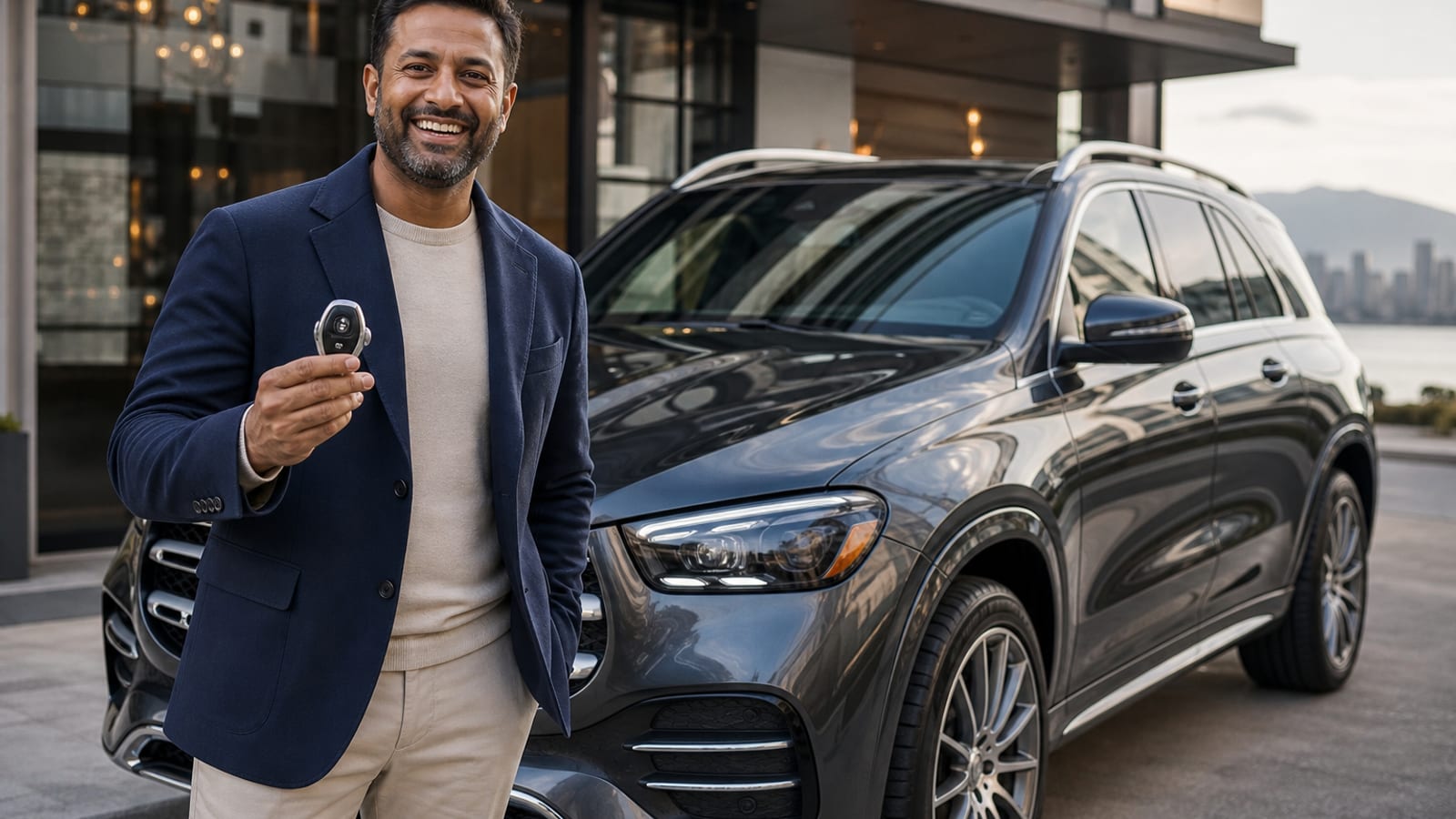 Professional celebrating club car delivery with a luxury SUV in Vancouver