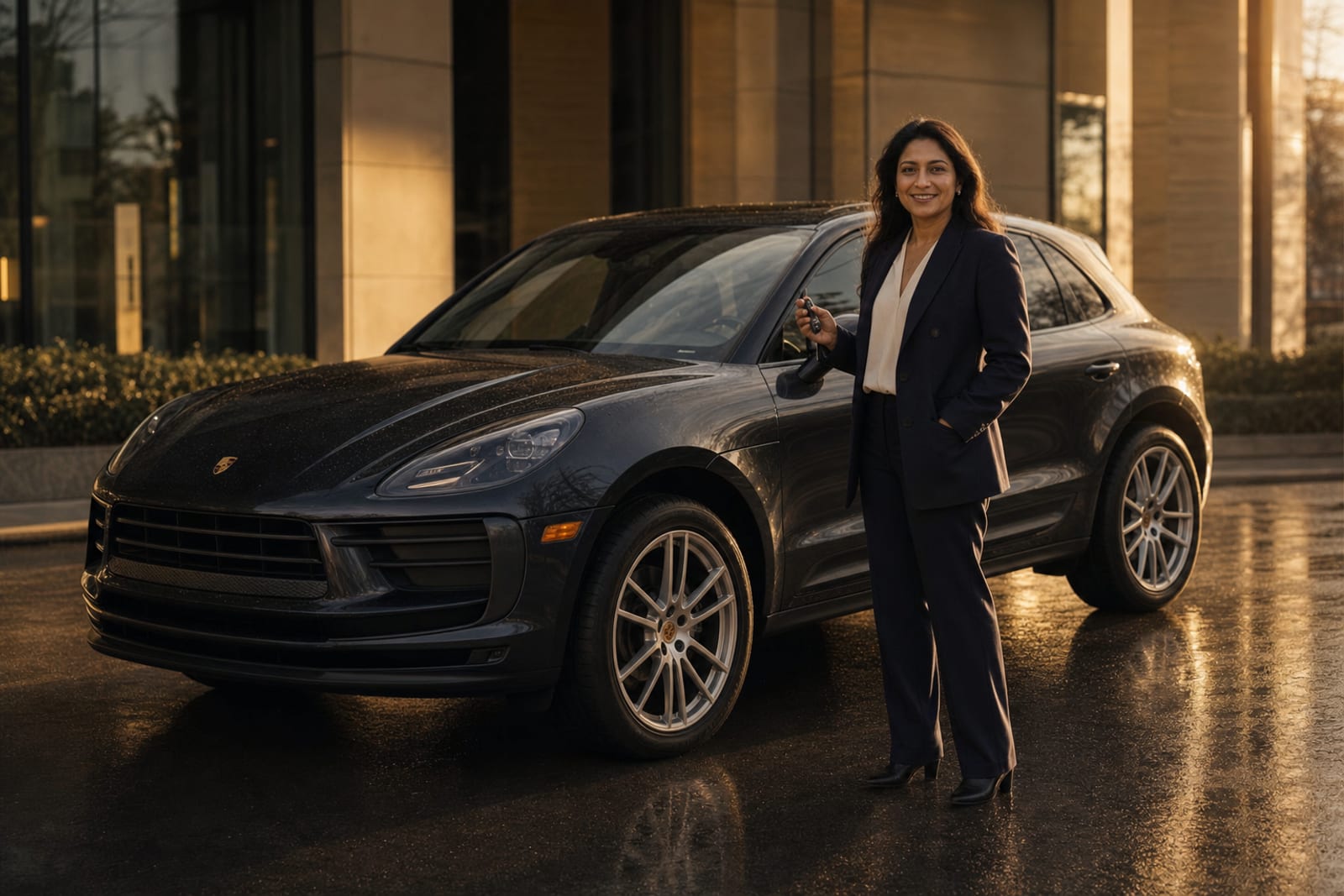 Happy professional receiving keys to a luxury car from RoLux Club delivery in Vancouver