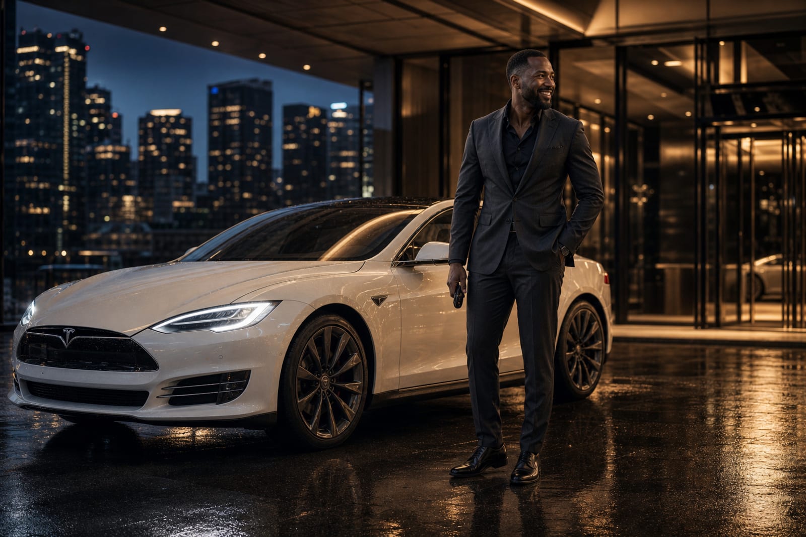 Professional celebrating club car delivery with a luxury SUV in Vancouver