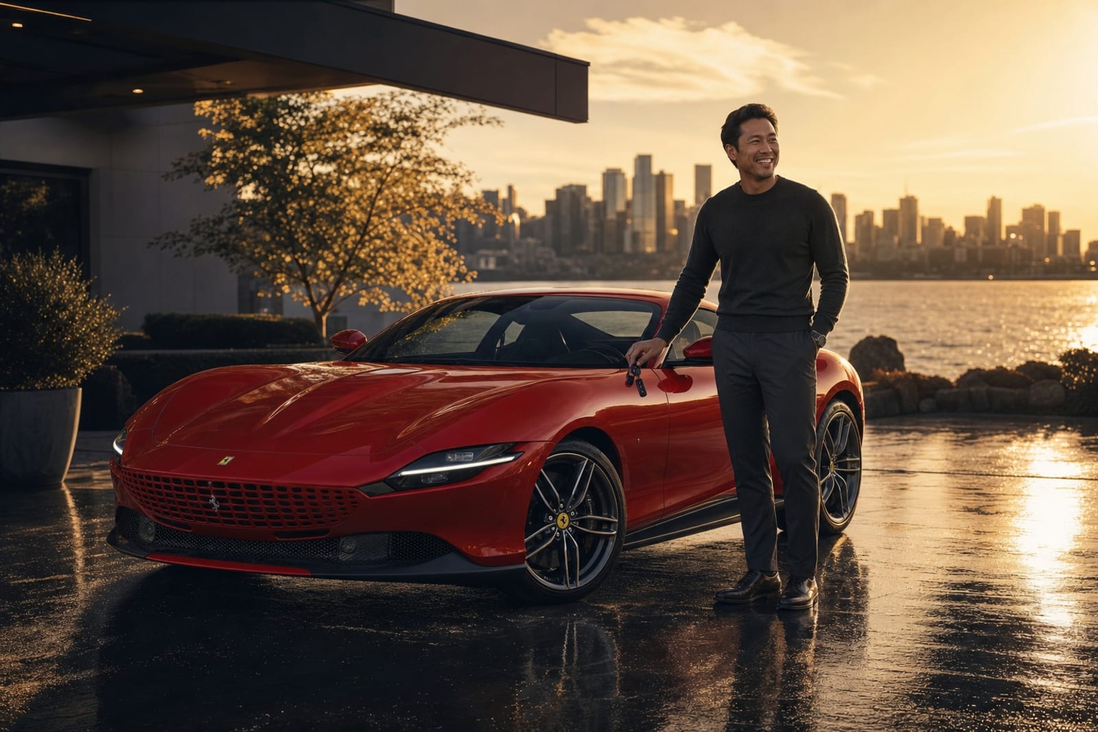 Happy member accepting RoLux Club keys next to a luxury sedan at dusk