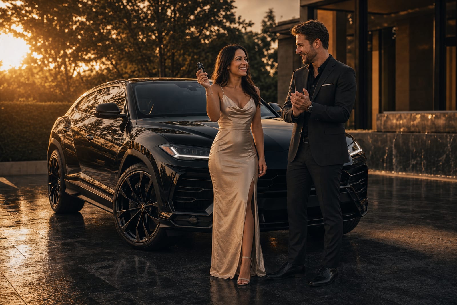 Club member smiling as a luxury car is delivered curb-side in Vancouver