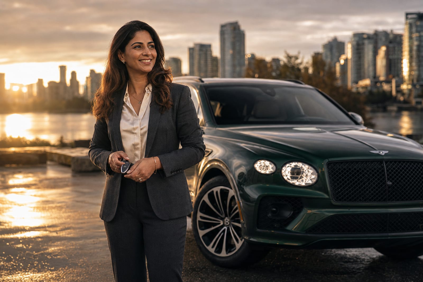 Happy professional receiving keys to a luxury car from RoLux Club delivery in Vancouver