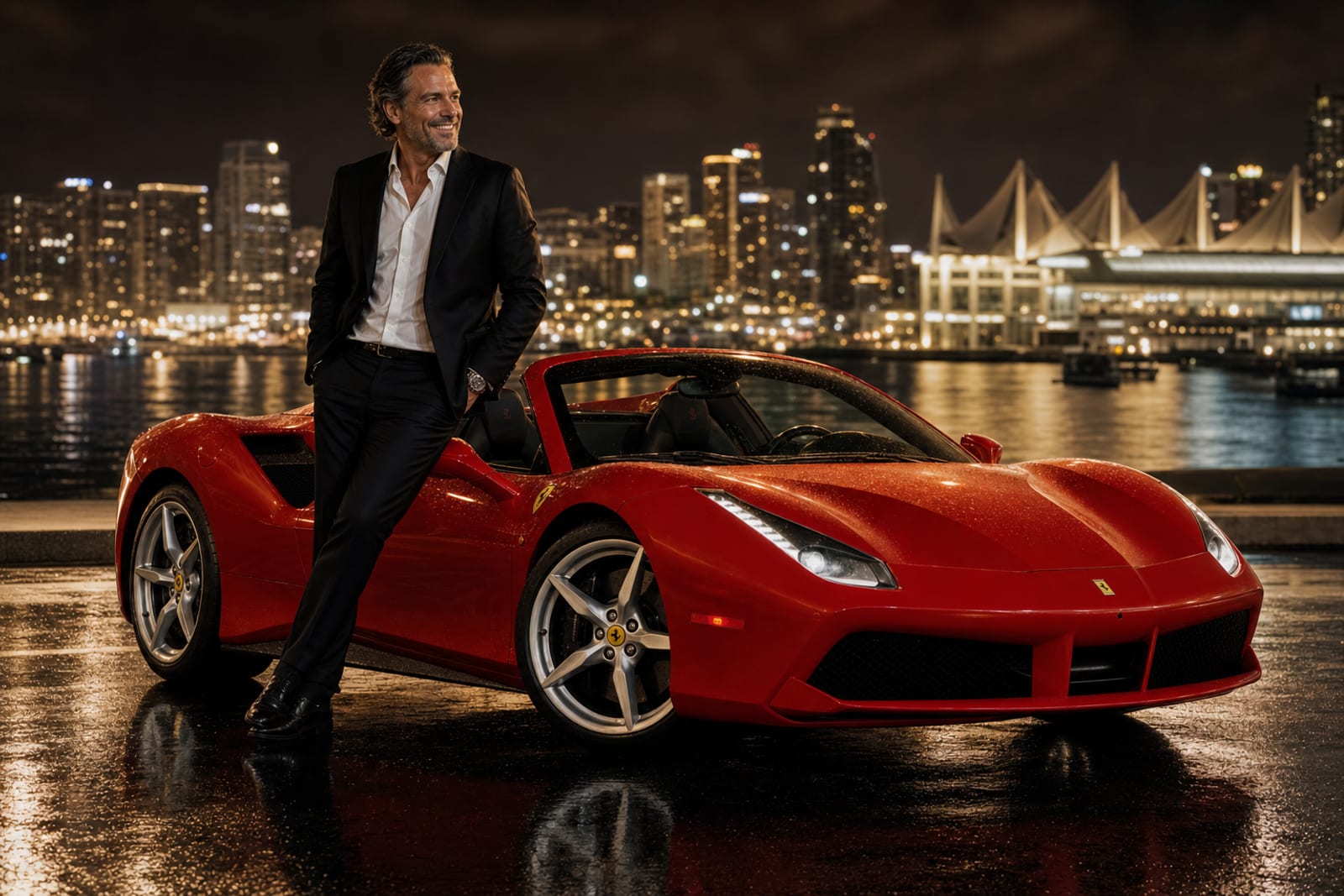 Happy member accepting RoLux Club keys next to a luxury sedan at dusk