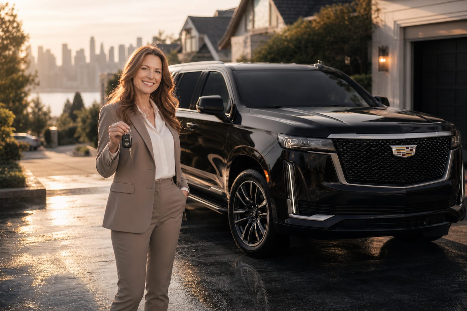 Club member smiling as a luxury car is delivered curb-side in Vancouver