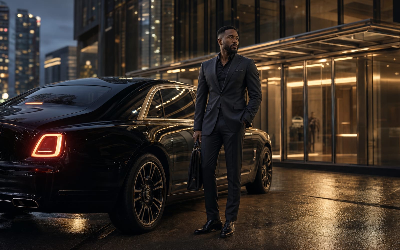 Executive with a Rolls-Royce Ghost waiting outside a Vancouver office tower at dusk