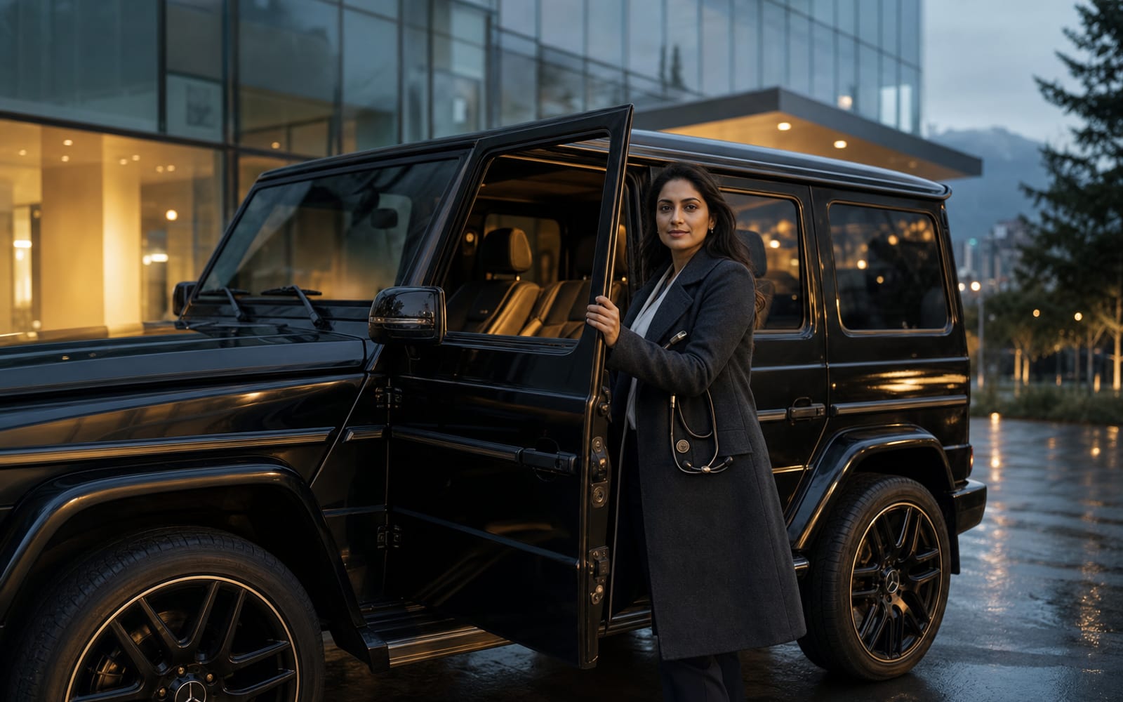 Physician beside a black Mercedes-Benz G-Class outside a Vancouver medical building at dawn