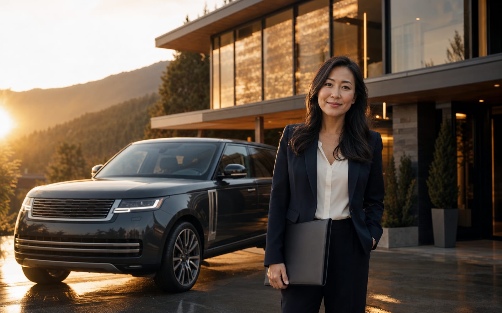 Realtor with a Range Rover in the driveway of a modern Vancouver listing at golden hour