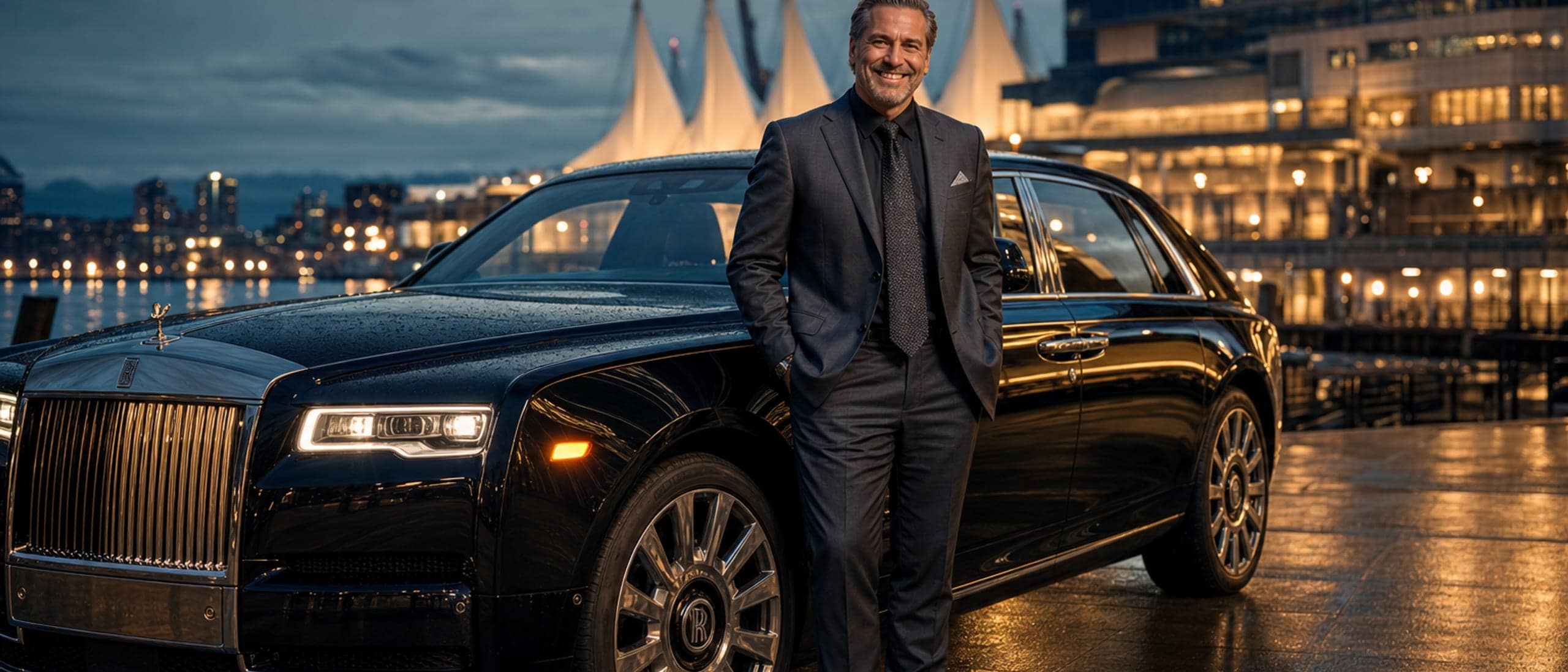 Happy executive beside a black Rolls-Royce Phantom Series II at Coal Harbour, Vancouver — RoLux Club membership fleet