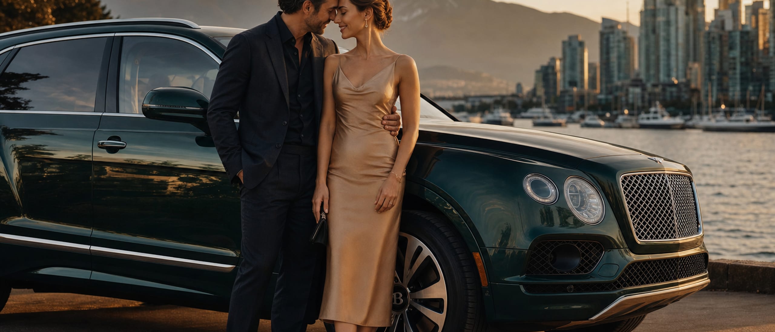 Happy couple forehead-to-forehead beside a dark green Bentley Bentayga at Vancouver golden hour — RoLux Club