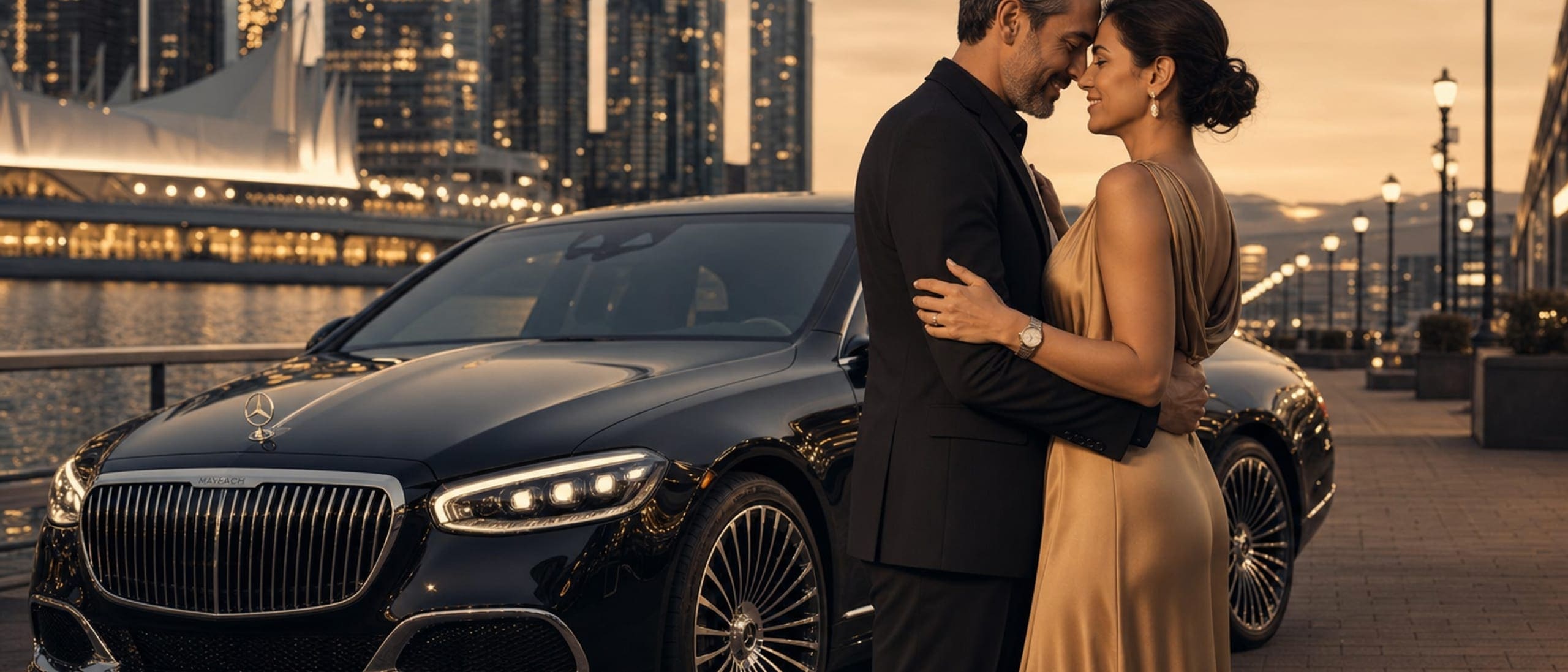 Happy couple in a romantic evening embrace beside an Obsidian Black Mercedes-Maybach S680 at Jack Poole Plaza — RoLux Club