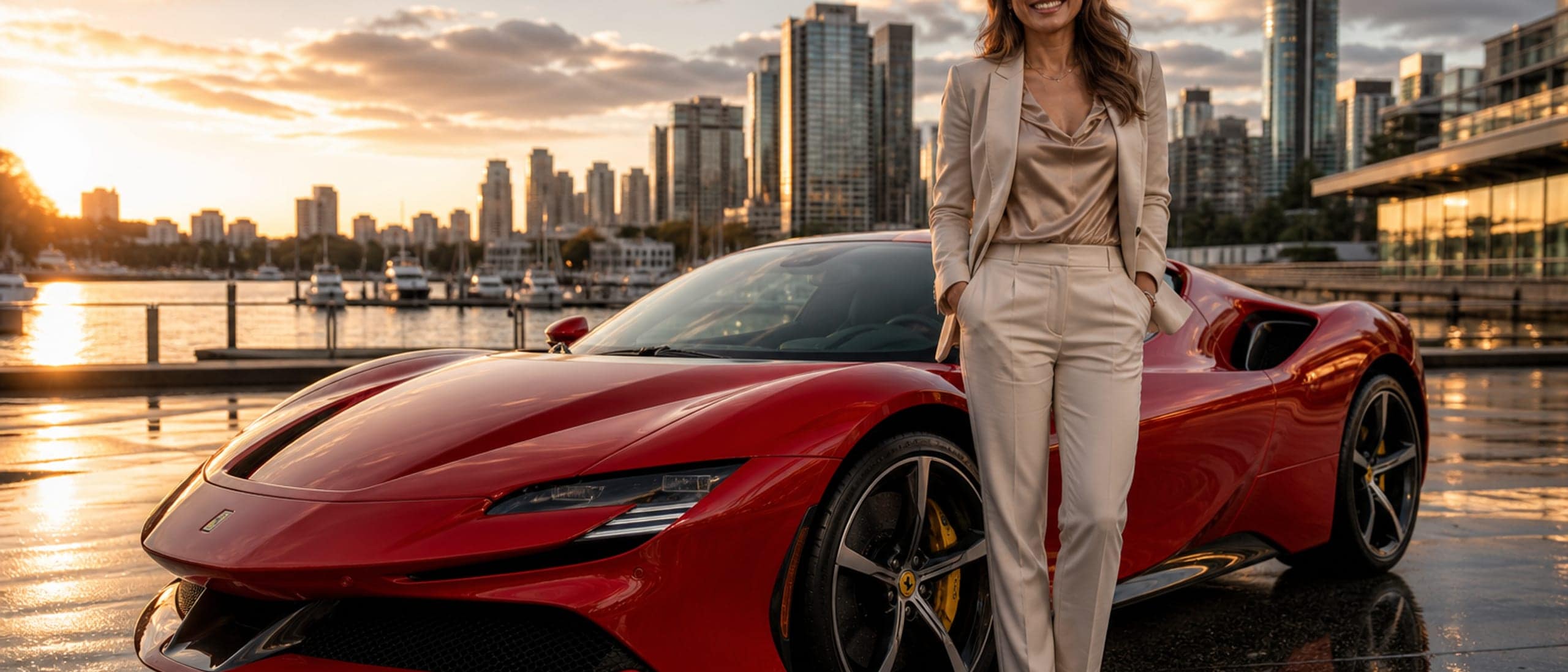 Happy professional woman beside a Rosso Corsa Ferrari SF90 Stradale at Coal Harbour golden hour — RoLux Club membership fleet
