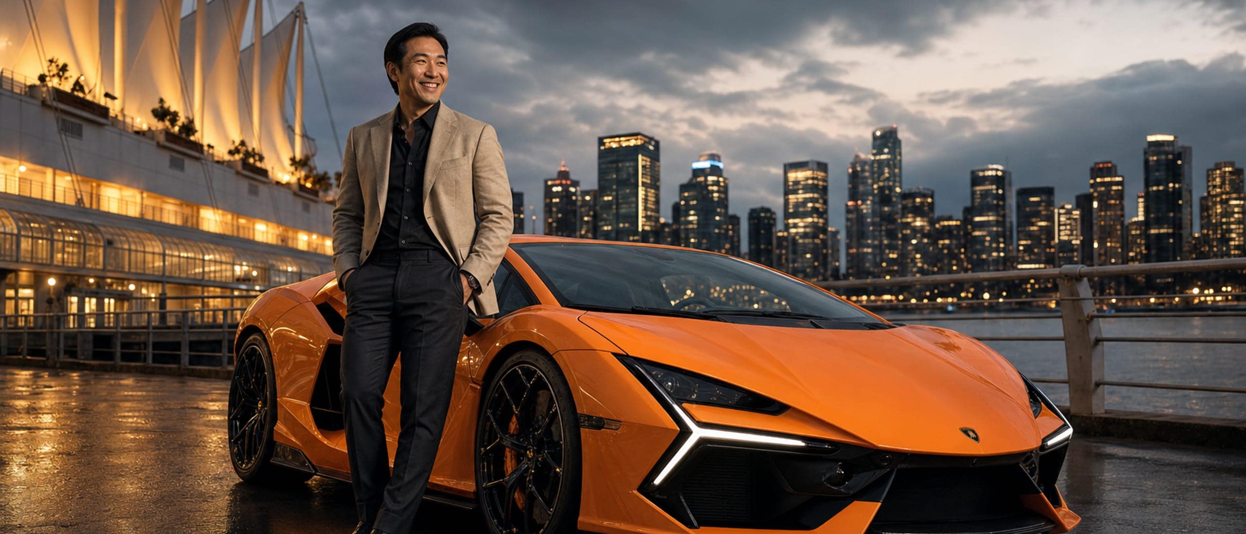 Happy professional beside an Arancio Apodis Lamborghini Revuelto at Canada Place, Vancouver — RoLux Club membership fleet