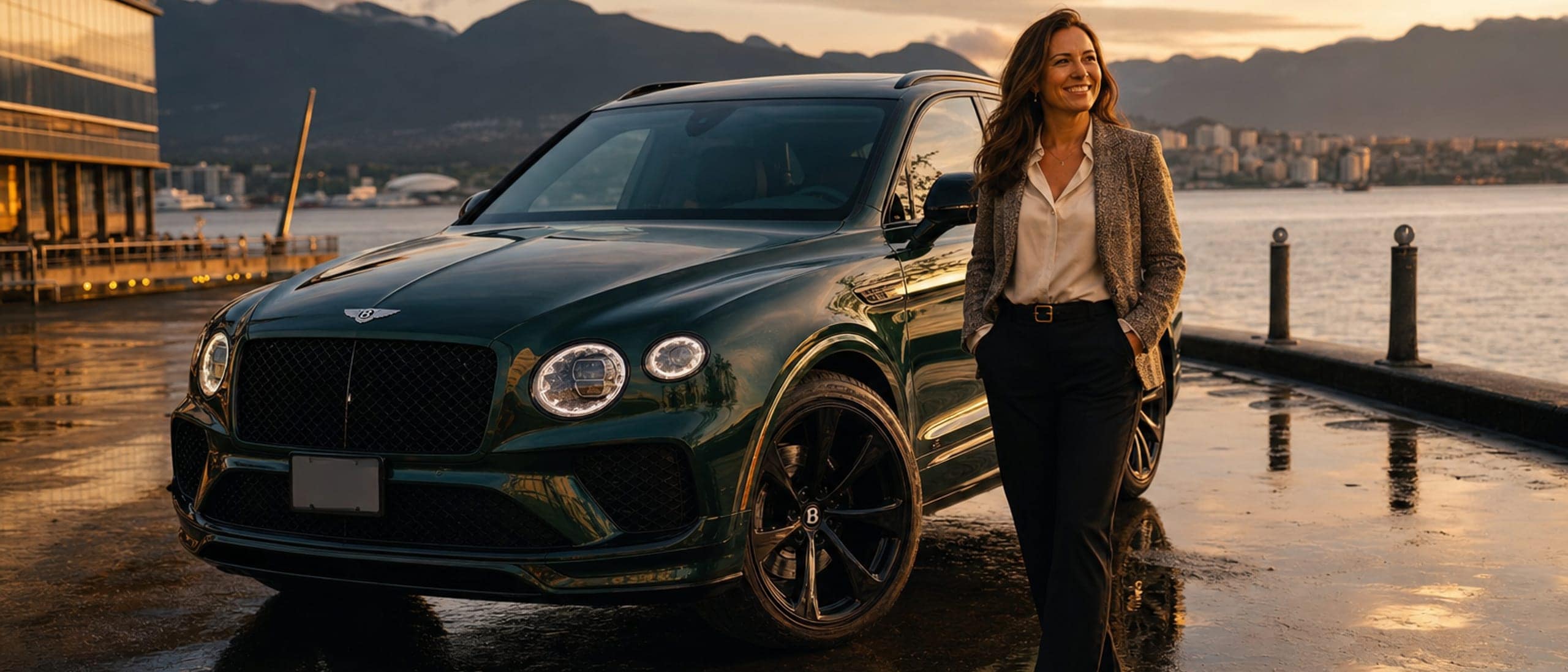 Happy realtor professional beside a dark green Bentley Bentayga S on the Vancouver waterfront — RoLux Club membership fleet