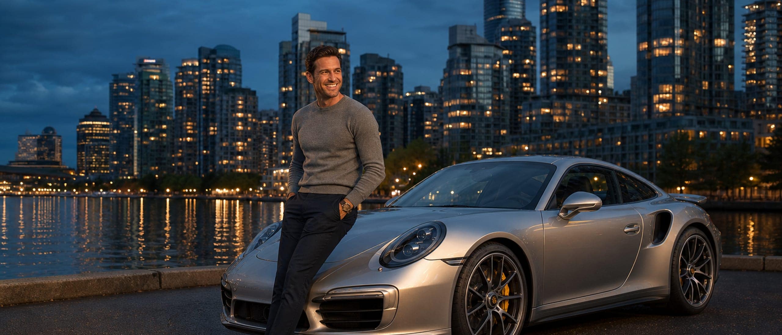 Happy professional beside a GT Silver Porsche 911 Turbo S at Coal Harbour, Vancouver — RoLux Club membership fleet