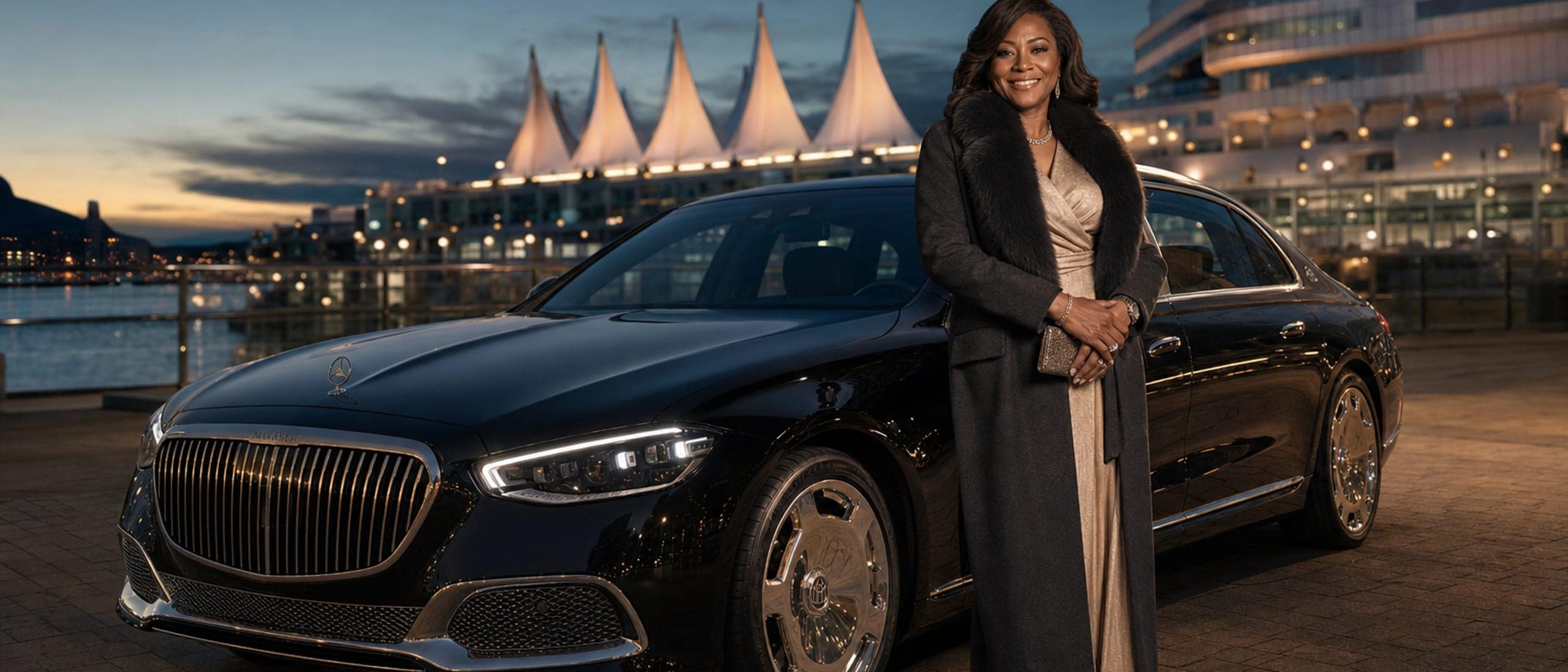 Happy executive beside an Obsidian Black Mercedes-Maybach S680 at Jack Poole Plaza — RoLux Club membership fleet