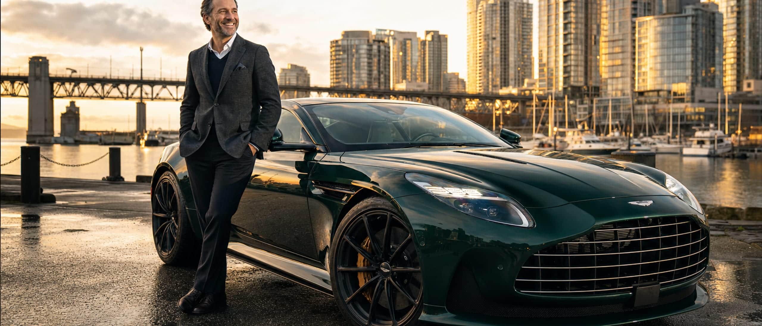 Happy professional beside a British Racing Green Aston Martin DB12 on the Vancouver waterfront — RoLux Club membership fleet