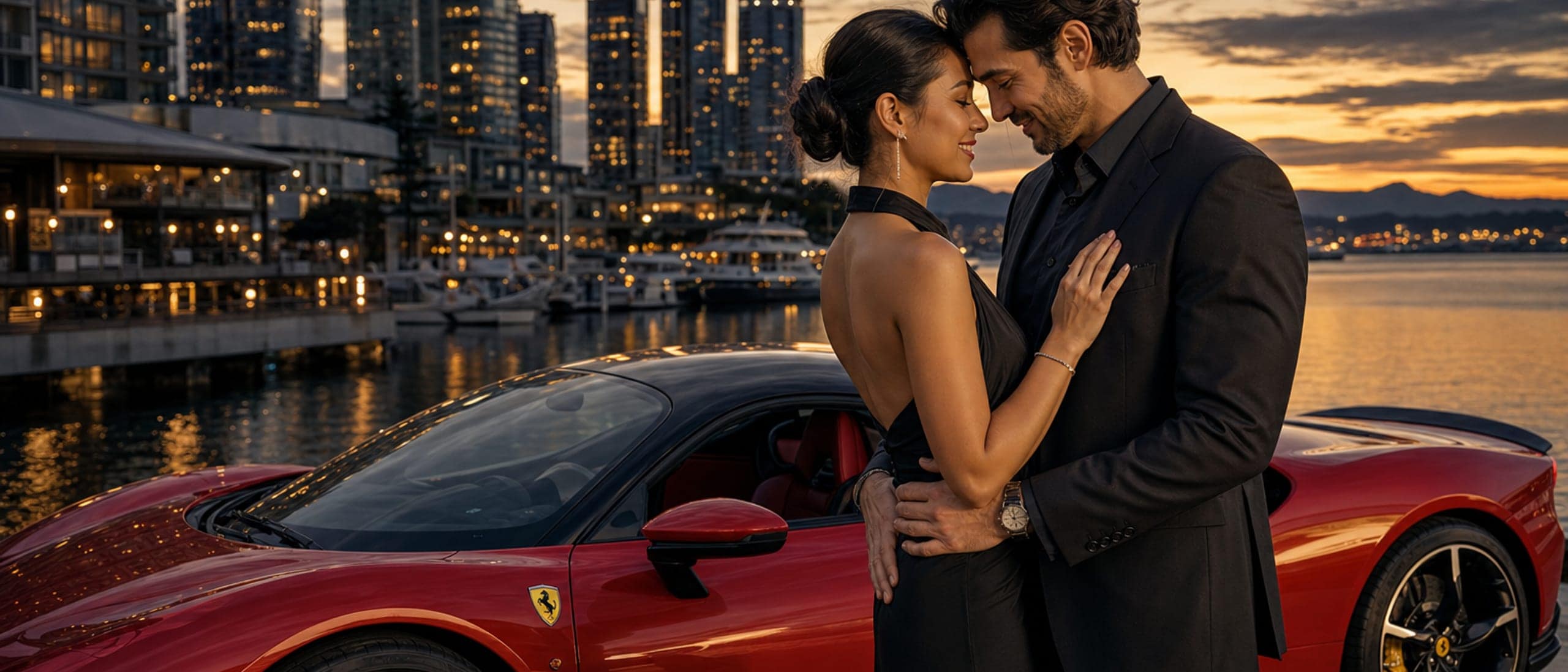 Happy couple holding each other beside a Rosso Corsa Ferrari SF90 at Coal Harbour evening — RoLux Club